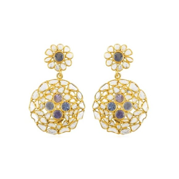 Polki Diamond and Tanzanite Round Flower Earrings - Picture 1 of 3